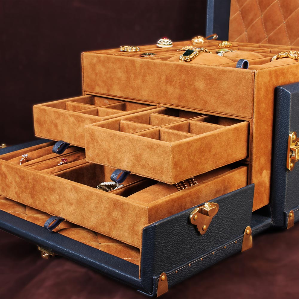 Cerulean Glory Blue Leather Jewelry Trunk with Brass Accents