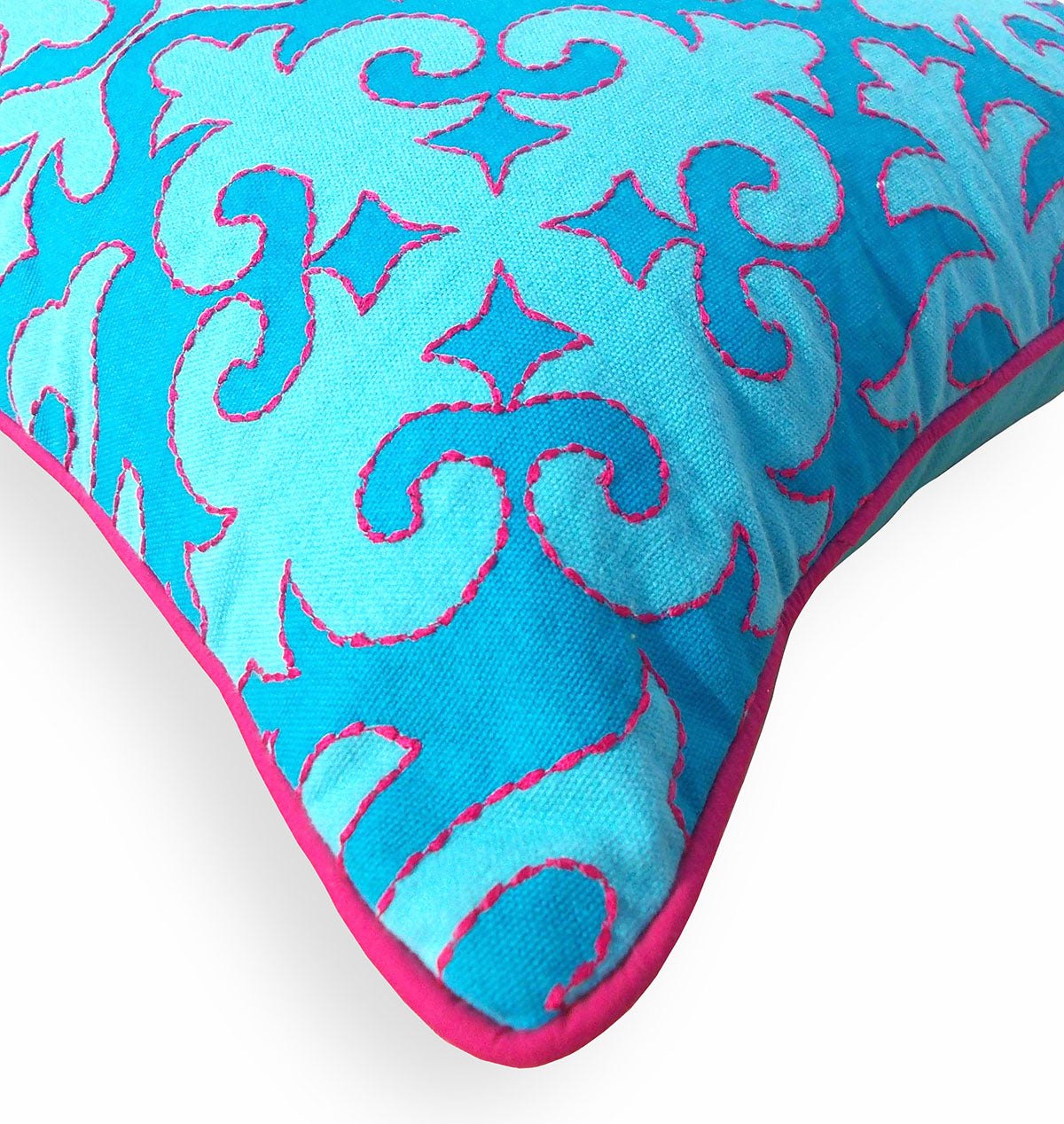 Shyrdak Turquoise Cotton Cushion Cover – Scrolling Vine Print, Hot Pink Rice Stitch & Piping | 6 Sizes