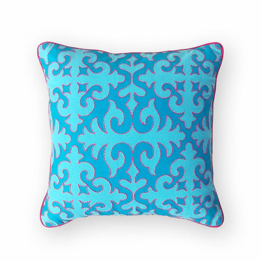 Shyrdak Turquoise Cotton Cushion Cover – Scrolling Vine Print, Hot Pink Rice Stitch & Piping | 6 Sizes