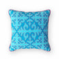 Shyrdak Turquoise Cotton Cushion Cover – Scrolling Vine Print, Hot Pink Rice Stitch & Piping | 6 Sizes