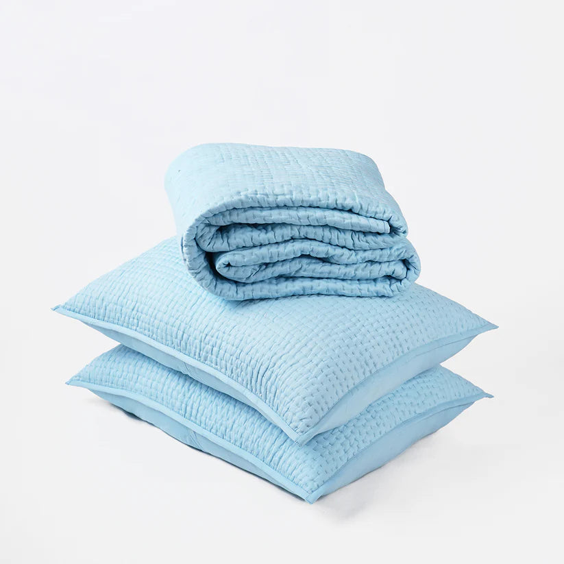 Blue 300TC cotton Satin quilt set, Kantha bed set, sizes available