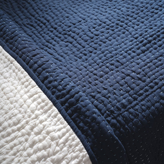 Indigo Blue kantha bedspread, frame pattern hand quilting on 4 layer muslin gauze with cotton wadding, Sizes available
