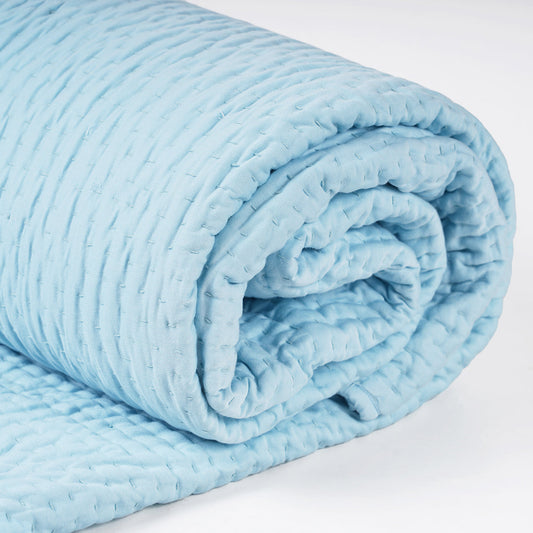 Blue 300TC quilted bedspread, stripe pattern, cotton kantha quilt, Sizes available