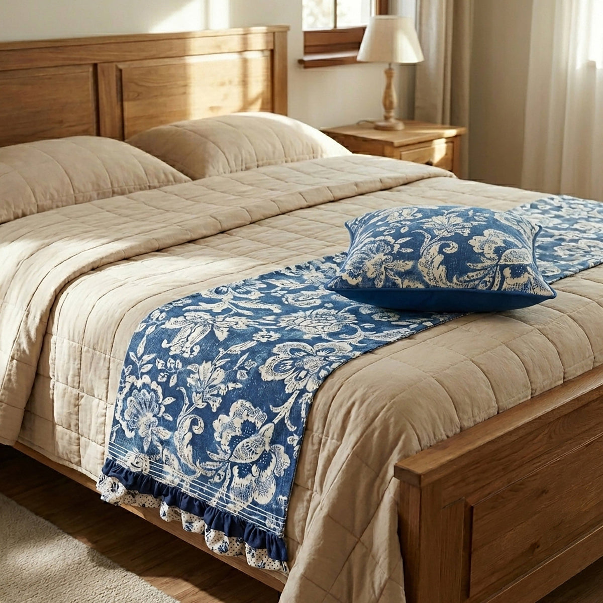 DOMINOTERIE - Indigo Colour Printed Cotton Bed Runner Set - King / Queen / Twin Size