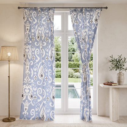 Blue Ikat Sheer Curtain Panel | Block Print Cotton Voile | 2 Sizes | 4 Hanging Styles