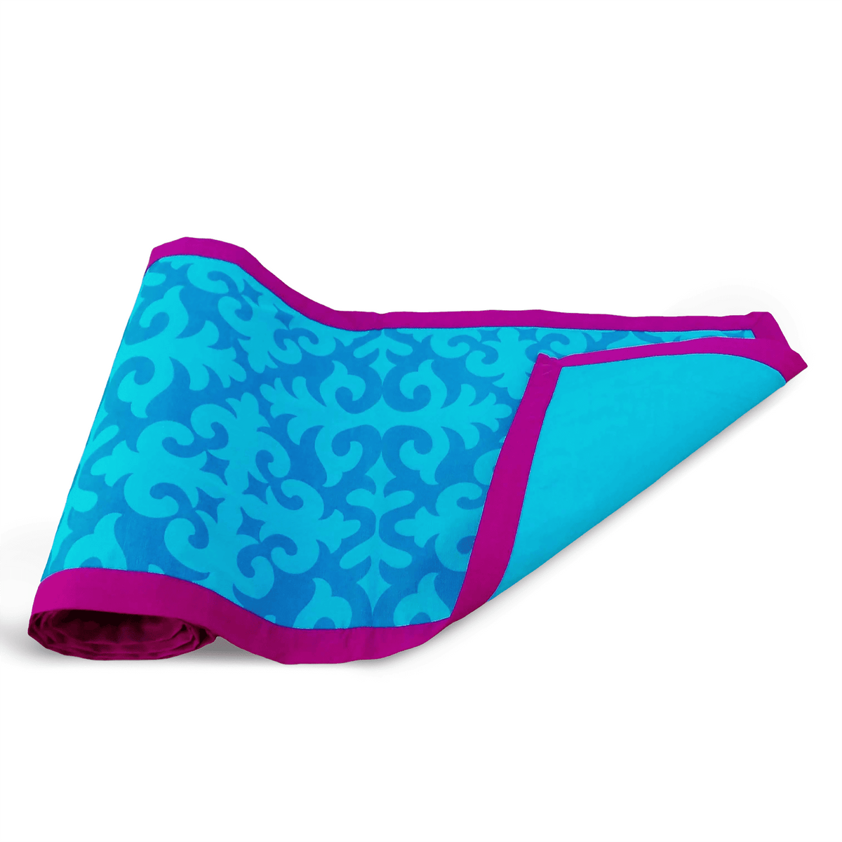 Shyrdak Turquoise Cotton Table Runner – Tone-on-Tone Scroll Print with Hot Pink Border | 2 Sizes