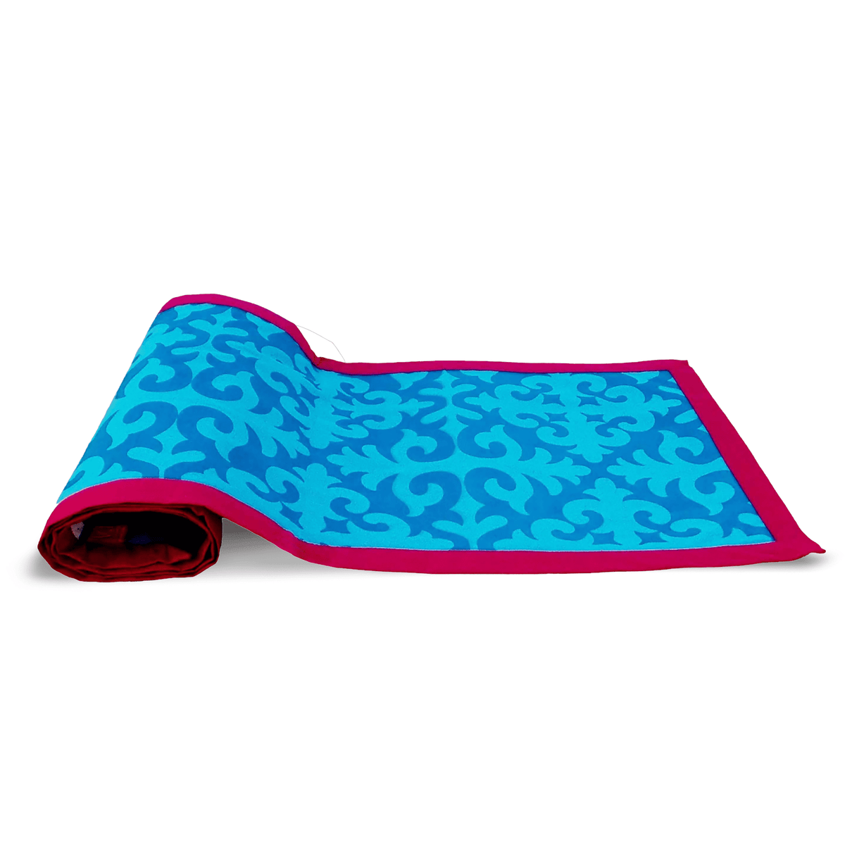 Shyrdak Turquoise Cotton Table Runner – Tone-on-Tone Scroll Print with Hot Pink Border | 2 Sizes