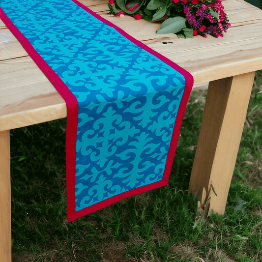 Shyrdak Turquoise Cotton Table Runner – Tone-on-Tone Scroll Print with Hot Pink Border | 2 Sizes