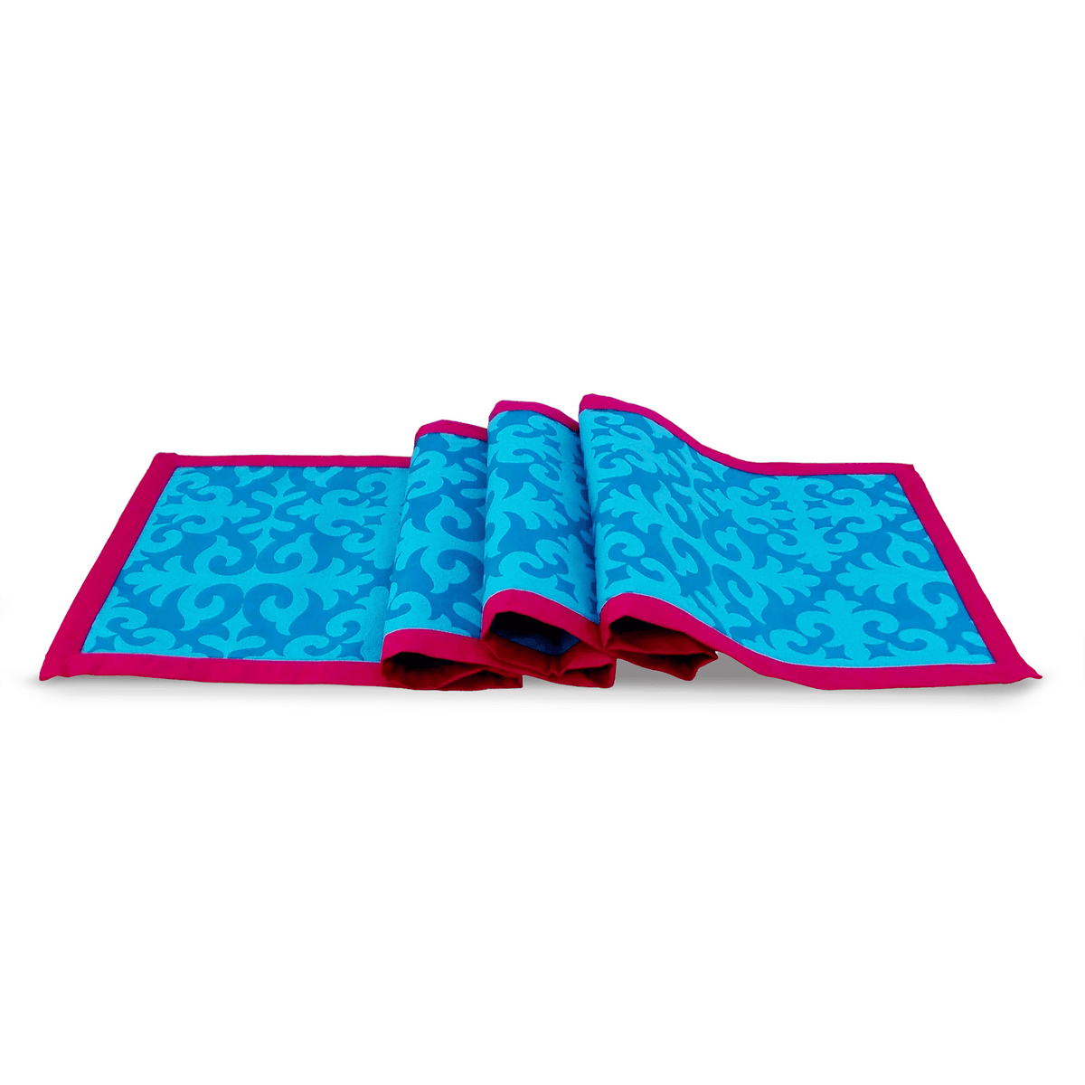 Shyrdak Turquoise Cotton Table Runner – Tone-on-Tone Scroll Print with Hot Pink Border | 2 Sizes