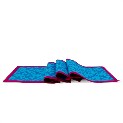 Shyrdak Turquoise Cotton Table Runner – Tone-on-Tone Scroll Print with Hot Pink Border | 2 Sizes