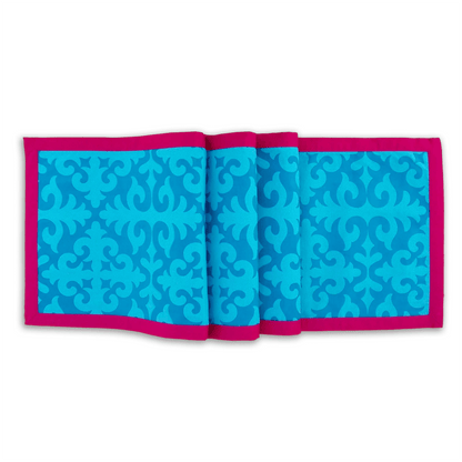 Shyrdak Turquoise Cotton Table Runner – Tone-on-Tone Scroll Print with Hot Pink Border | 2 Sizes