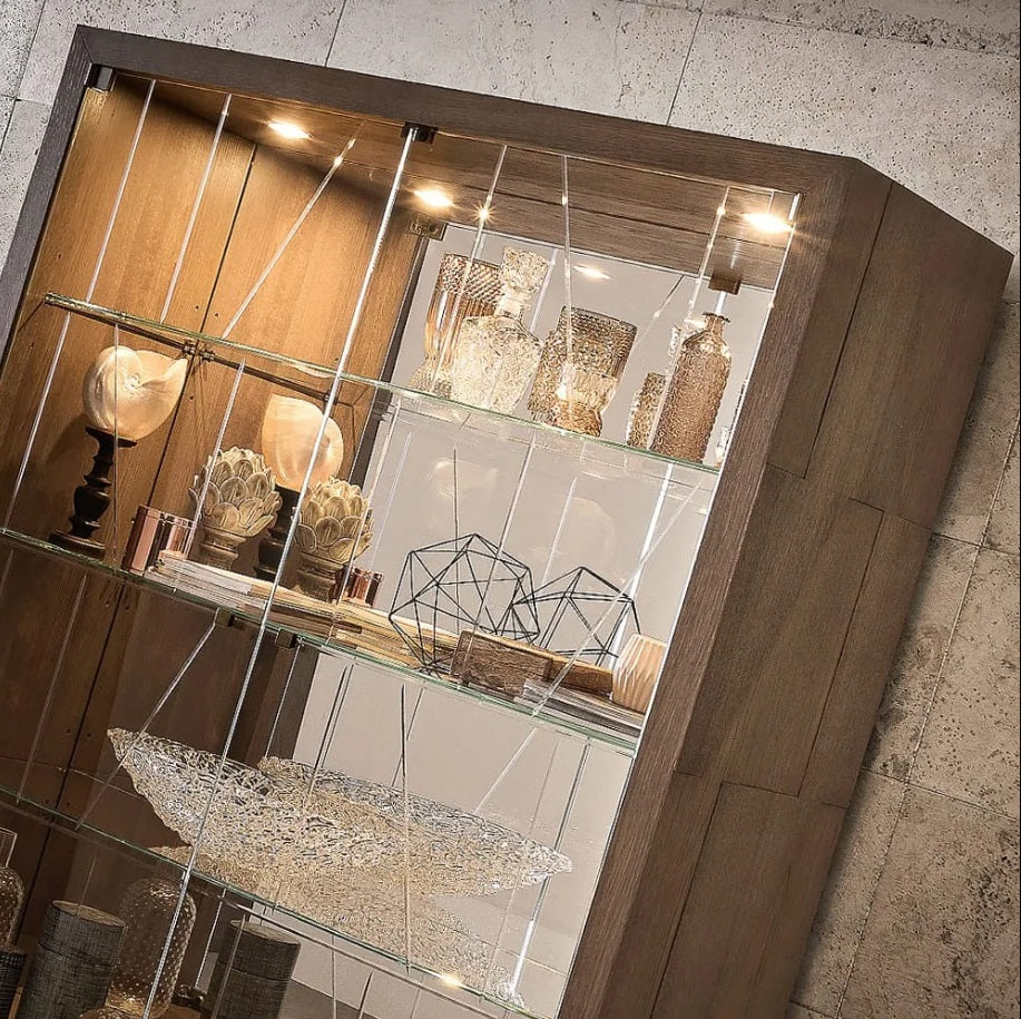 High-End Contemporary Oak Display Cabinet with Illuminated Interior, Geometric Glass Doors