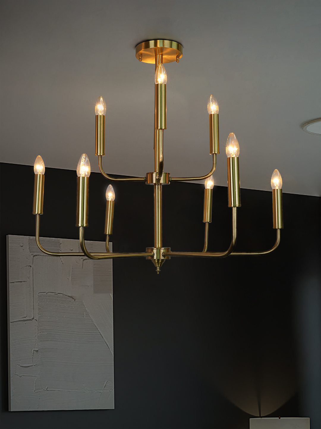 Modern Brushed Brass Finish 6+4 Dual-Level Lights Gold Candelabra Tiered Chandelier home placement