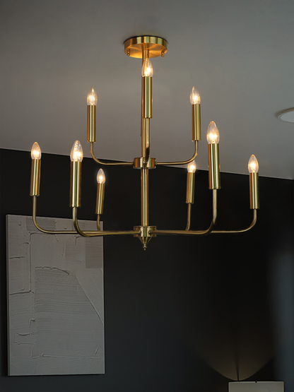 Modern Brushed Brass Finish 6+4 Dual-Level Lights Gold Candelabra Tiered Chandelier home placement