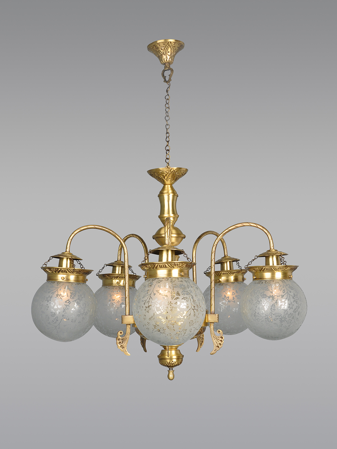 Etched Globes 5 Light Brass Chandelier without background
