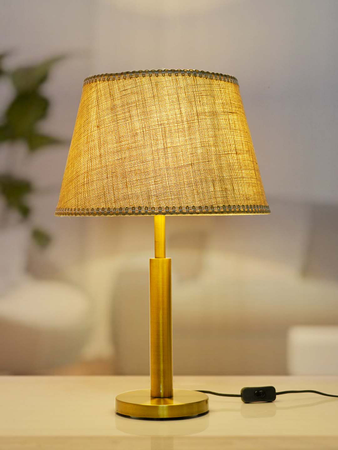 Transitional Brushed Brass Finished Metal Table Lamp with Jute Lace Fabric Shade