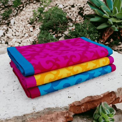 Shyrdak Turquoise Cotton Table Runner – Tone-on-Tone Scroll Print with Hot Pink Border | 2 Sizes