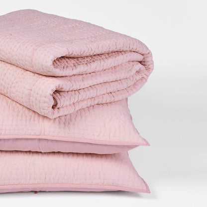 Salmon Pink Kantha Quilt Bed Set | Stripe Pattern | 100% Cotton Voile | Handmade