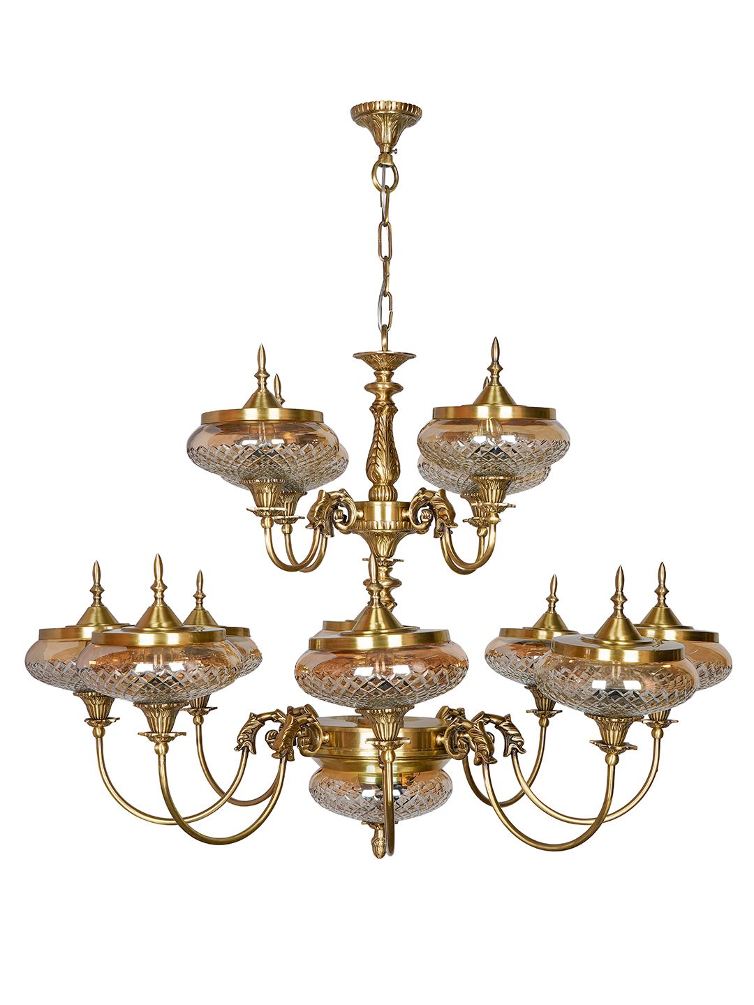 Exquisite Regal Brass 13-Light Chandelier with Golden Luster Cut Glass Shades