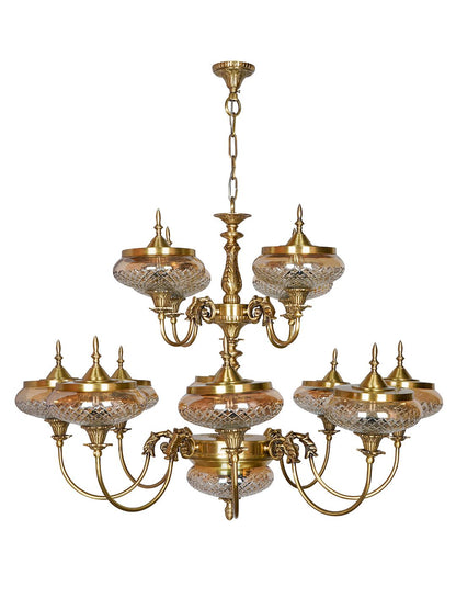Exquisite Regal Brass 13-Light Chandelier with Golden Luster Cut Glass Shades