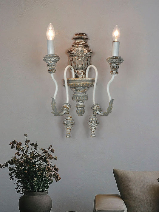 Rustic Distressed Grey Wood Candelabra Double Wall Sconce, French Italian Style Lighting