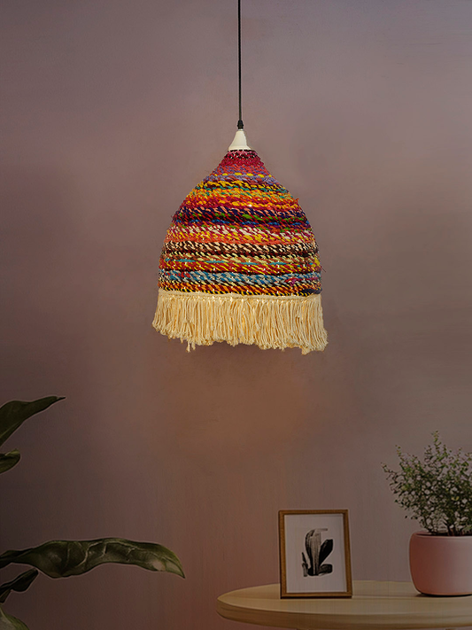 Bohemian Multicolored Repurposed Fabric Macrame Dome Pendant Lamp for Eclectic Decor