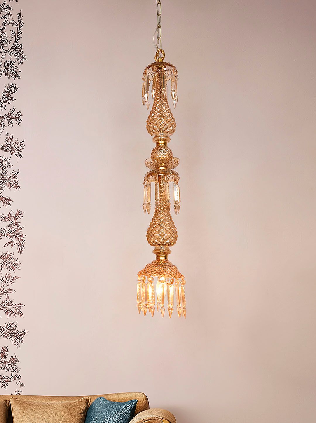Elegant Golden Luster Glass Pendant Light with Hand-Cut Crystals, 38-inch