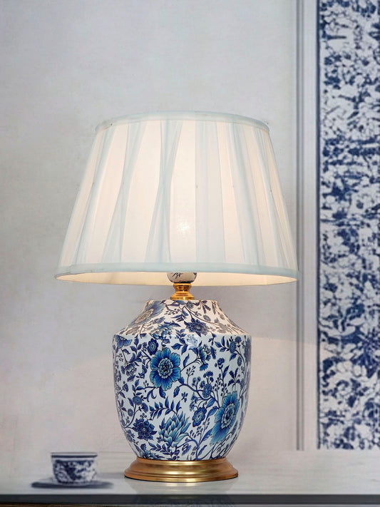 Elegant Chinoiserie Blue Pottery Table Lamp with Ivory Pleated Shade