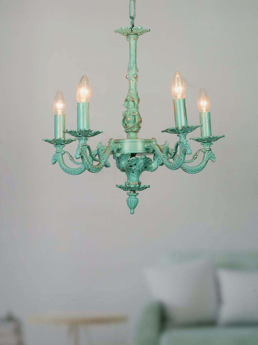 Antique Distressed Green Cast Aluminium 5-Light Candelabra Chandelier for Grand Spaces
