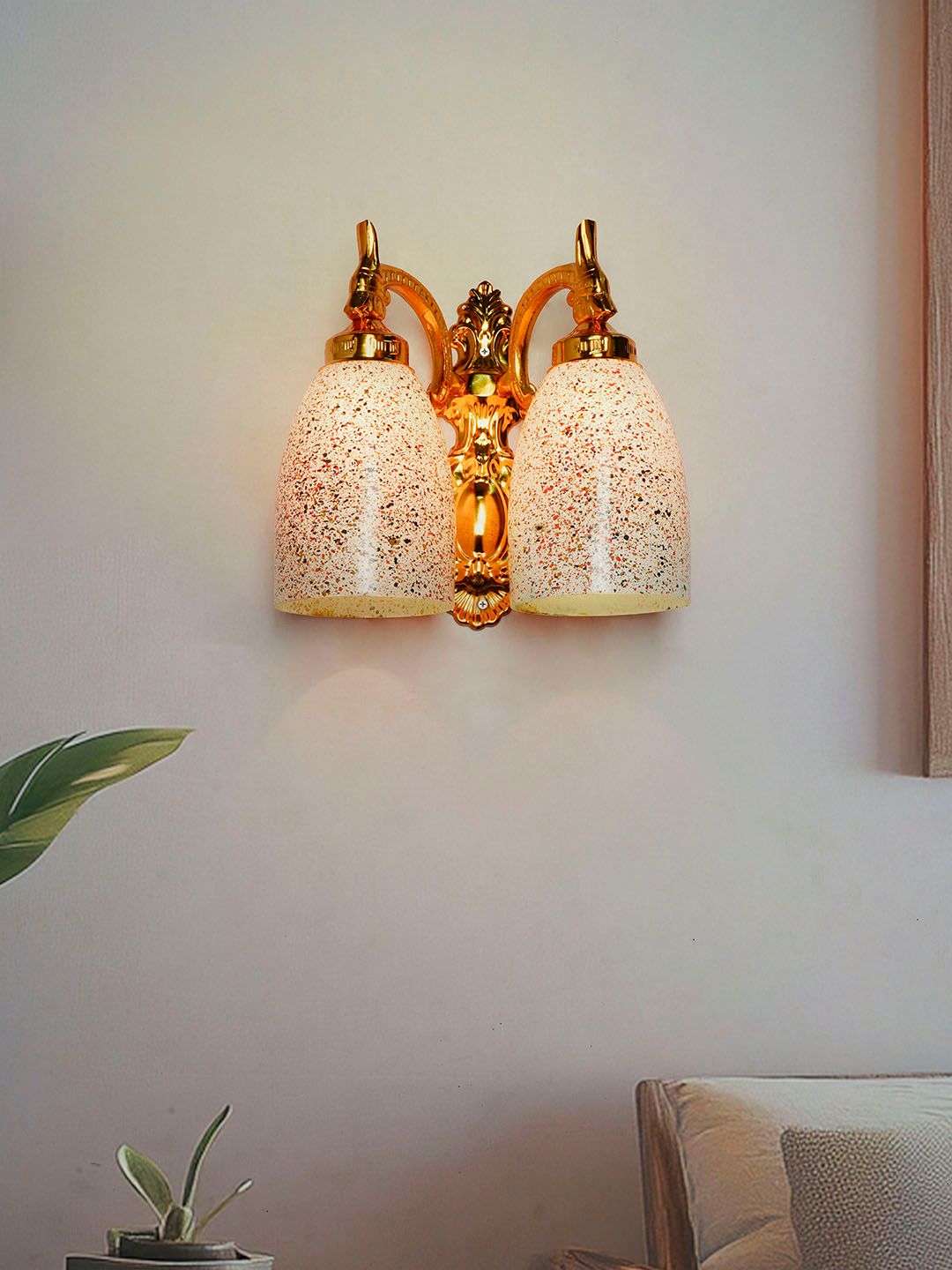 Opulent Gold Double Wall Sconce with Multicolor Speckled Glass Shades