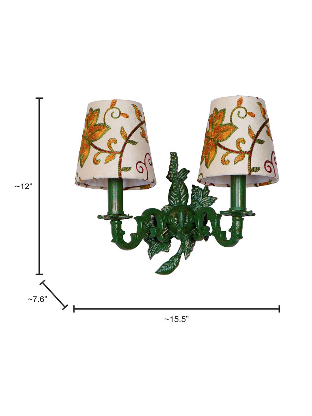 Traditional Double Green Aluminium Wall Sconces, Kashida Velvet Shades, Leaf Motif