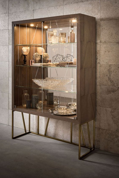 High-End Contemporary Oak Display Cabinet with Illuminated Interior, Geometric Glass Doors
