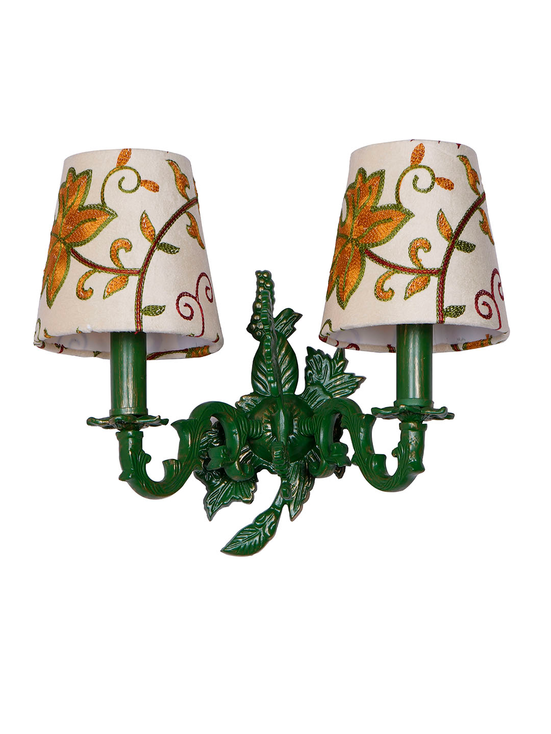 Traditional Double Green Aluminium Wall Sconces, Kashida Velvet Shades, Leaf Motif