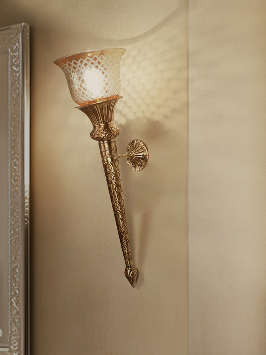 Regal Hand-Carved Brass Conical Mashal Torchiere Wall Sconce with Cut Glass