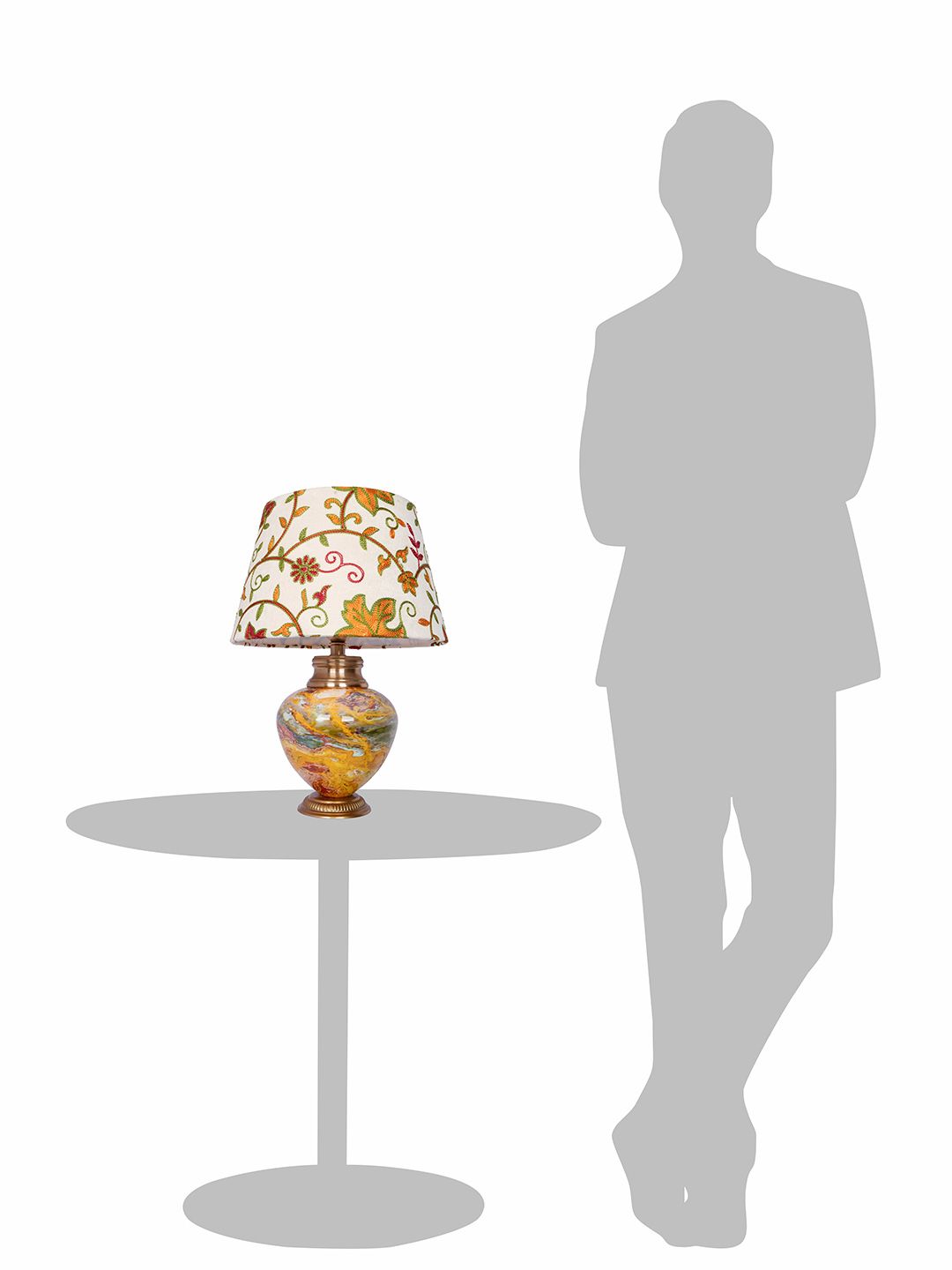 Exquisite Kashmiri Embroidered Shade Table Lamp - Metal Red Stone Pot Design