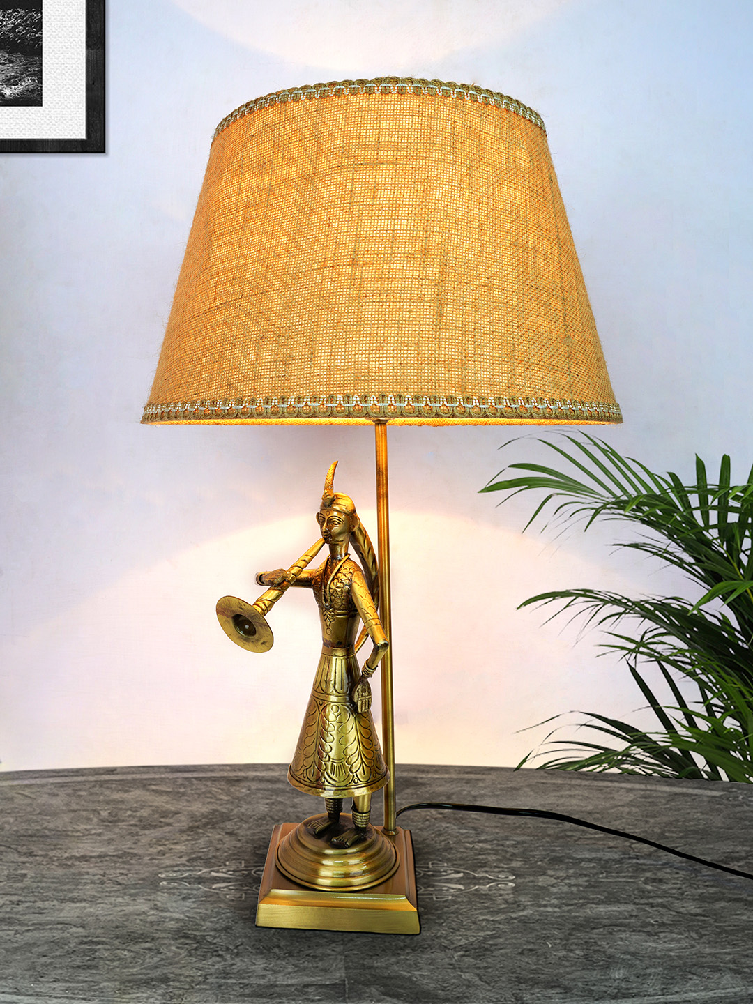 Exquisite Rajasthani Been Belle Brass Table Lamp, 14-Inch Tapered Jute Shade, Antique Finish