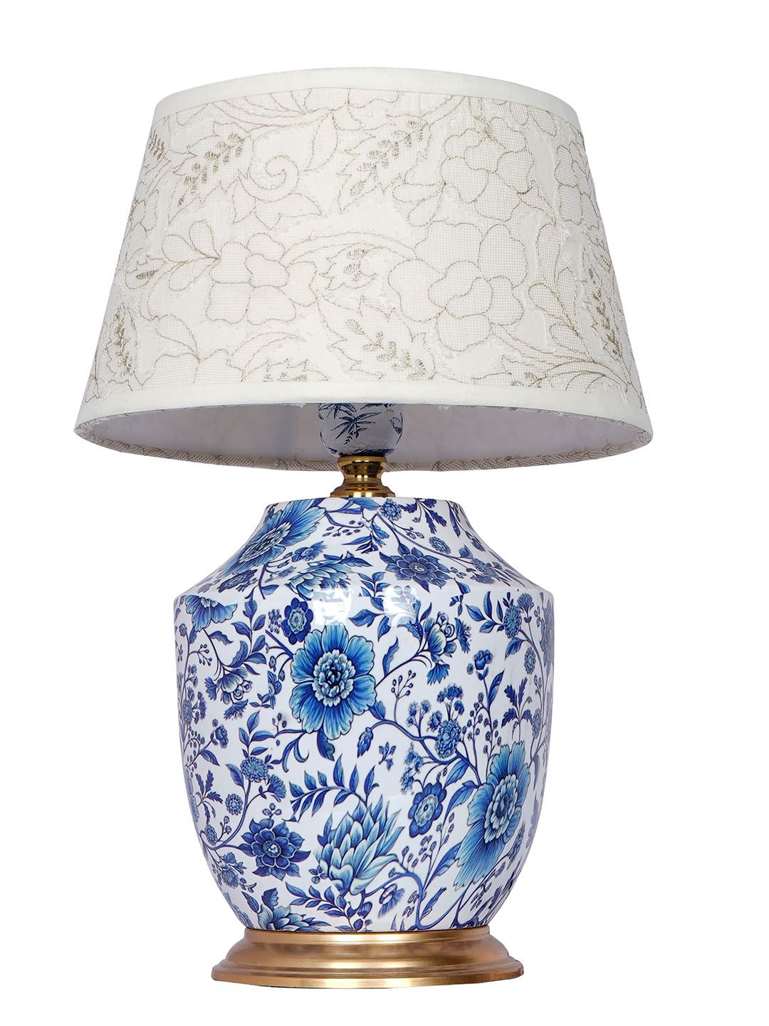 Artisanal Blue Pottery Print Table Lamp with Pastel Green Embroidered Shade