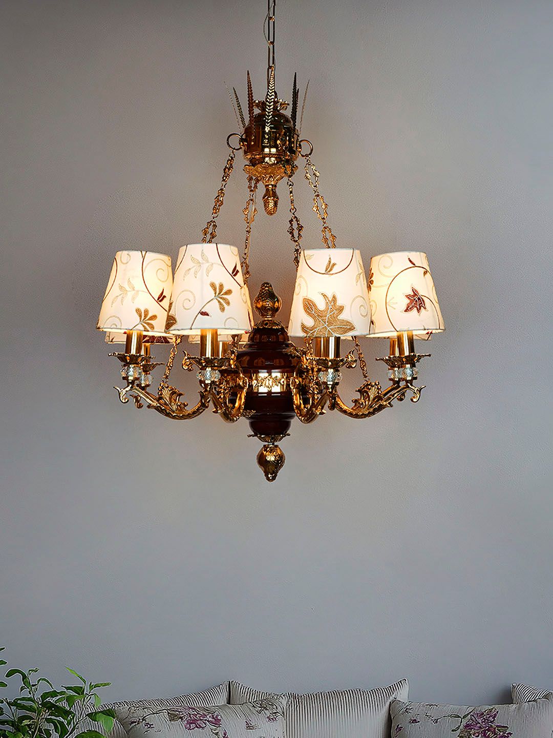 Luxury Maroon Gold 8-Light Chandelier, Kashmiri Embroidered Fabric Shades & Crystals