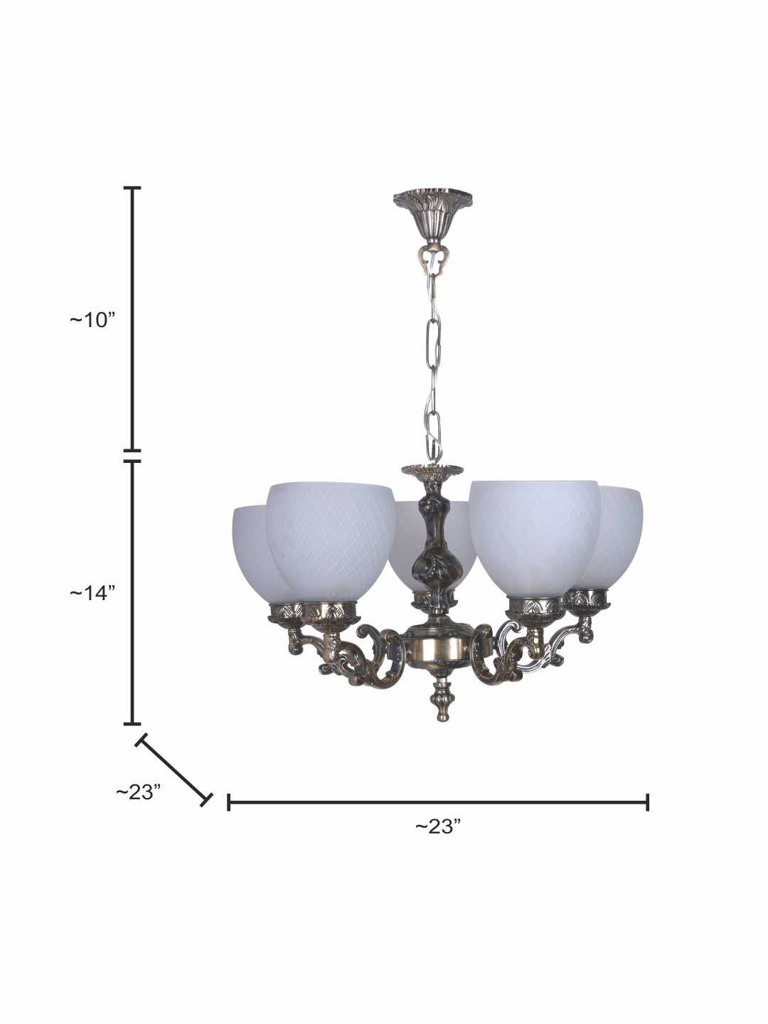 Ornate Antique Brass Aluminium 5-Light Chandelier with Frosted Diamond Glass Shades