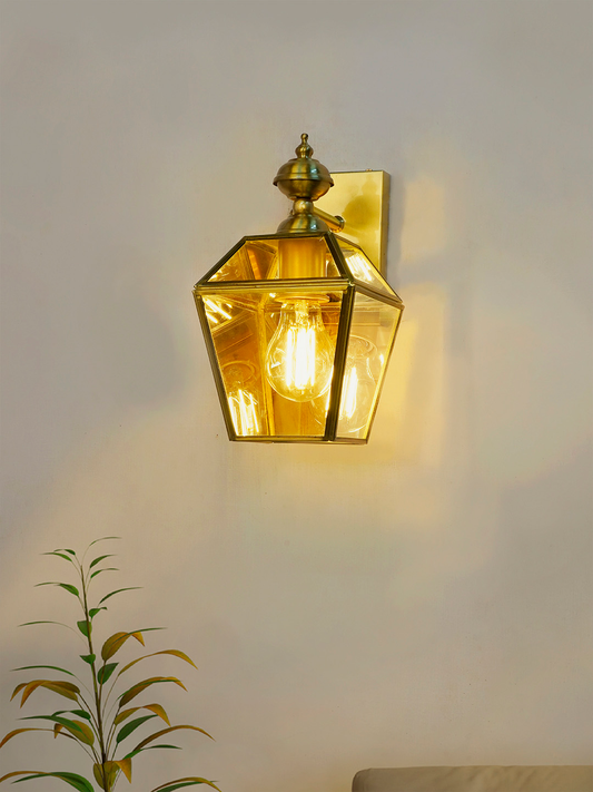 Premium Victorian Brass Trapezoid Wall Sconce | Antique Finish Clear Glass Lighting