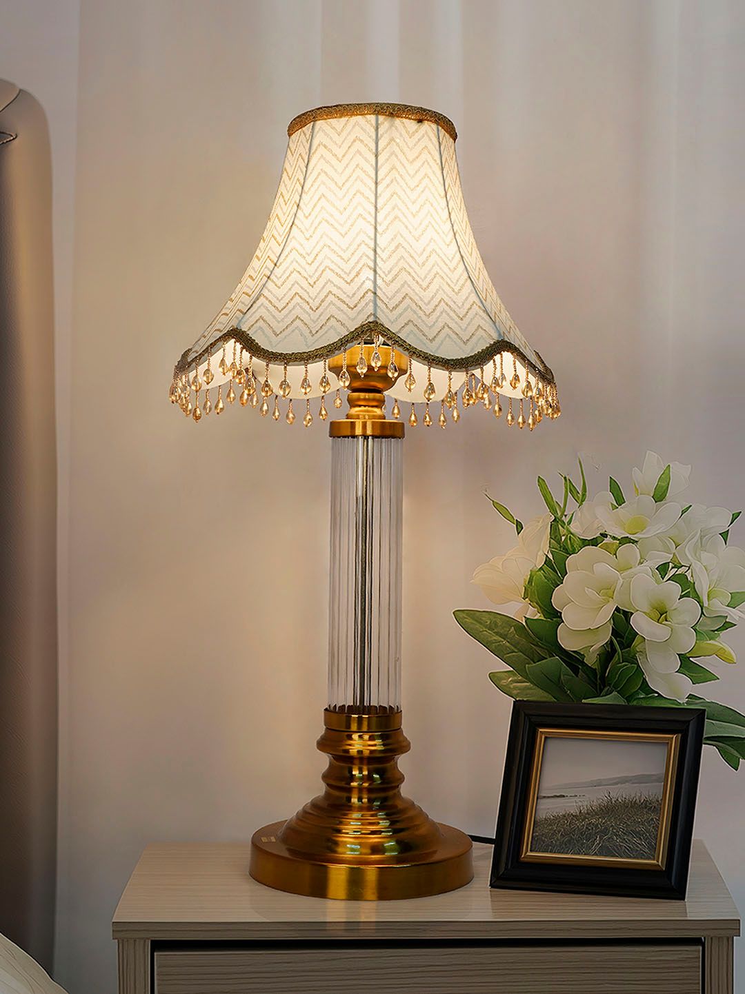 Elegant Golden Fluted Glass Table Lamp with Scalloped Zigzag Shade