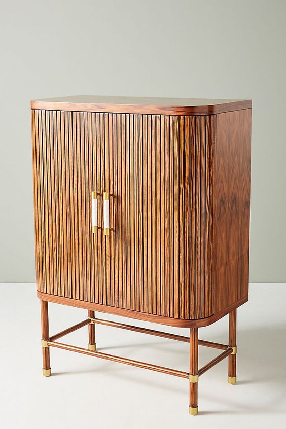 Deluxe Mid-Century Wooden Bar Unit: Elegant Cabinet with Brass, Marble, Wine Storage