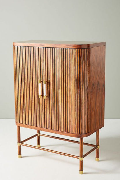 Deluxe Mid-Century Wooden Bar Unit: Elegant Cabinet with Brass, Marble, Wine Storage