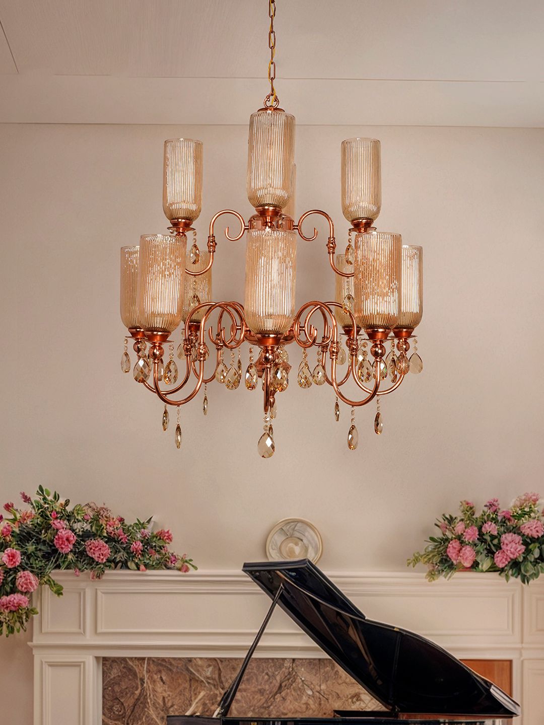Grand Polished Copper Chandelier: Fluted Luster Glass, Honey Crystals