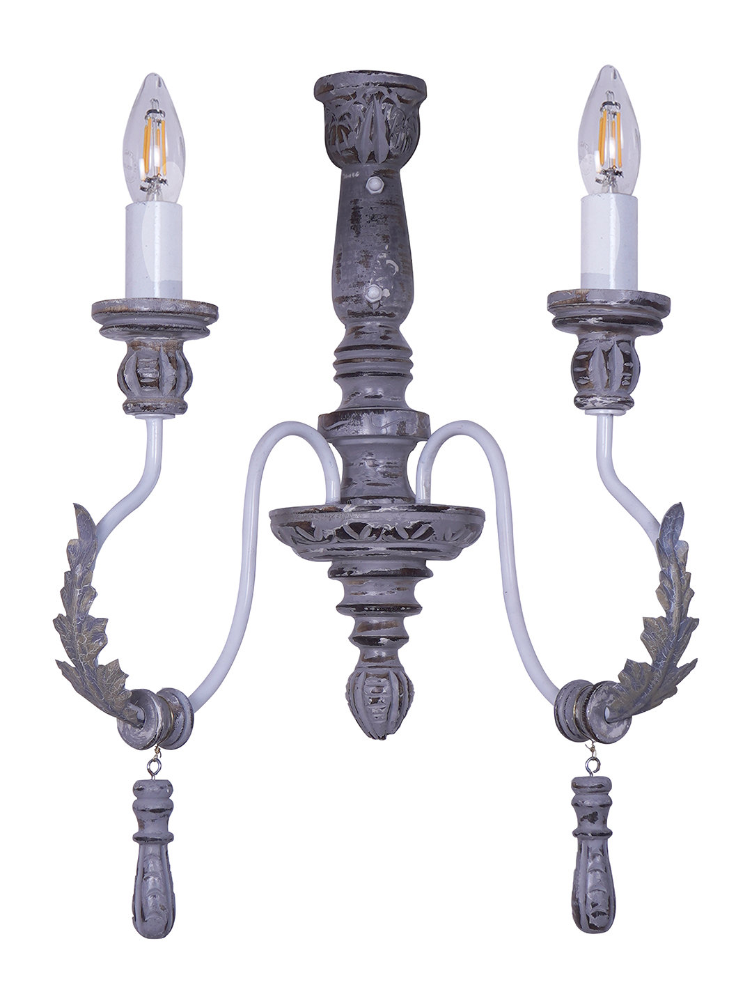 Charming Provincial Distressed Grey Wood Wrought Iron 2-Light Candelabra Wall Sconce
