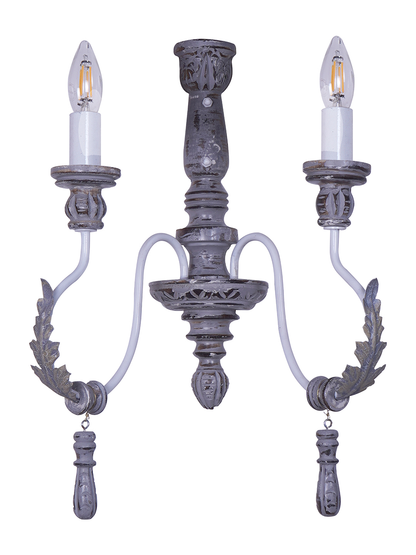 Charming Provincial Distressed Grey Wood Wrought Iron 2-Light Candelabra Wall Sconce