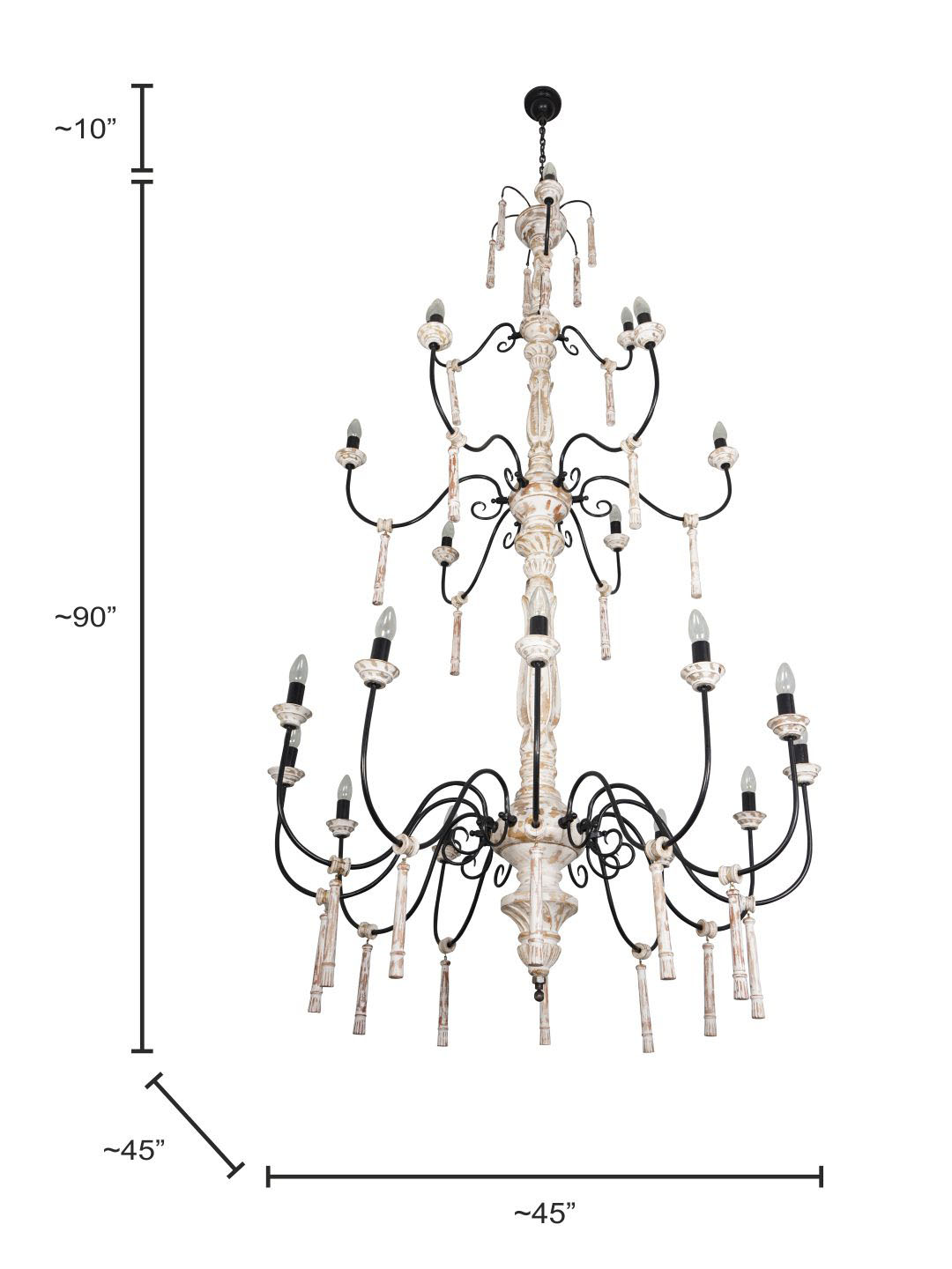 Chic French Country 21 Lights 3 Tier Rustic White Wood and Wrought iron Candelabra Chandelier dimensions