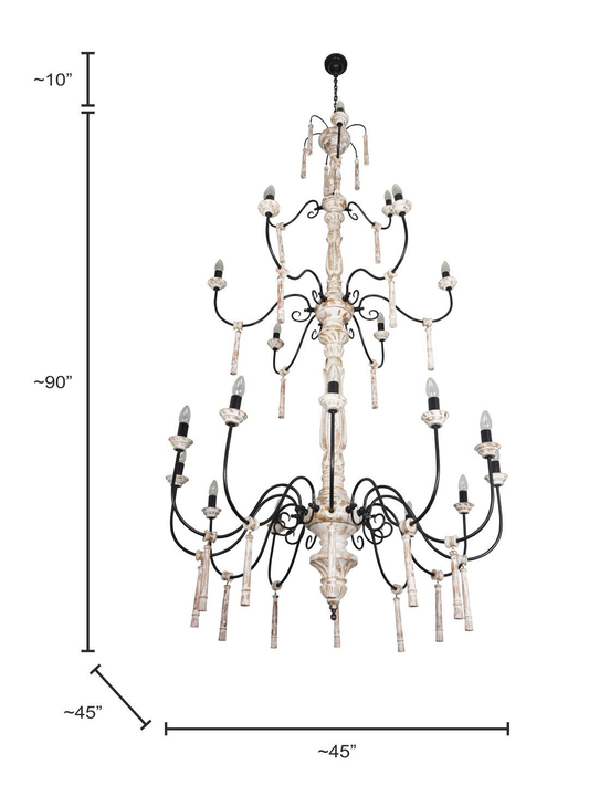 Chic French Country 21 Lights 3 Tier Rustic White Wood and Wrought iron Candelabra Chandelier dimensions