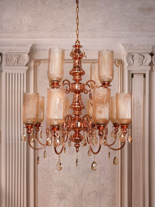 Grand Polished Copper Chandelier: Fluted Luster Glass, Honey Crystals