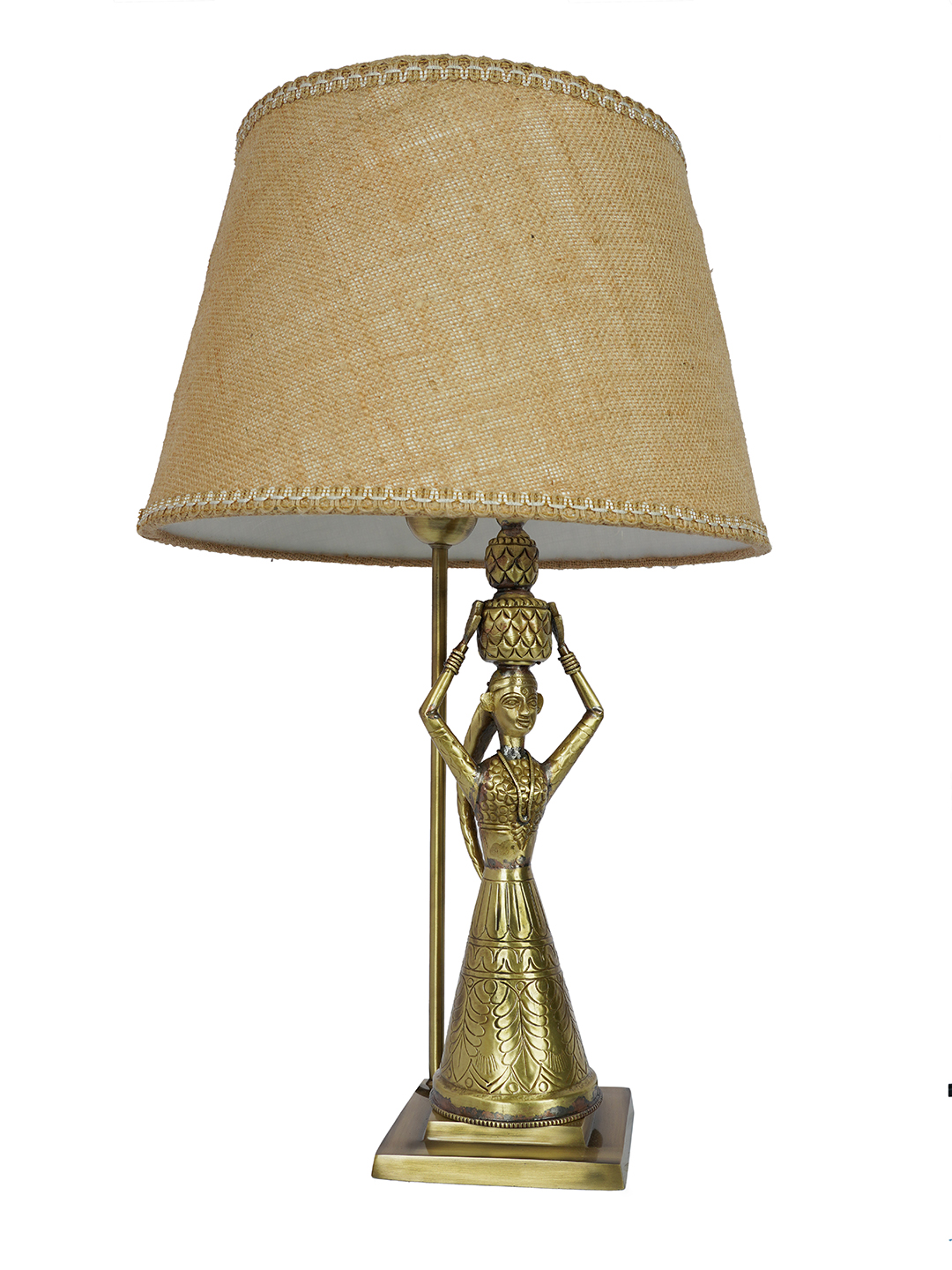 Exquisite Antique Rajasthani Brass Kalash Table Lamp with Tapered Jute Shade
